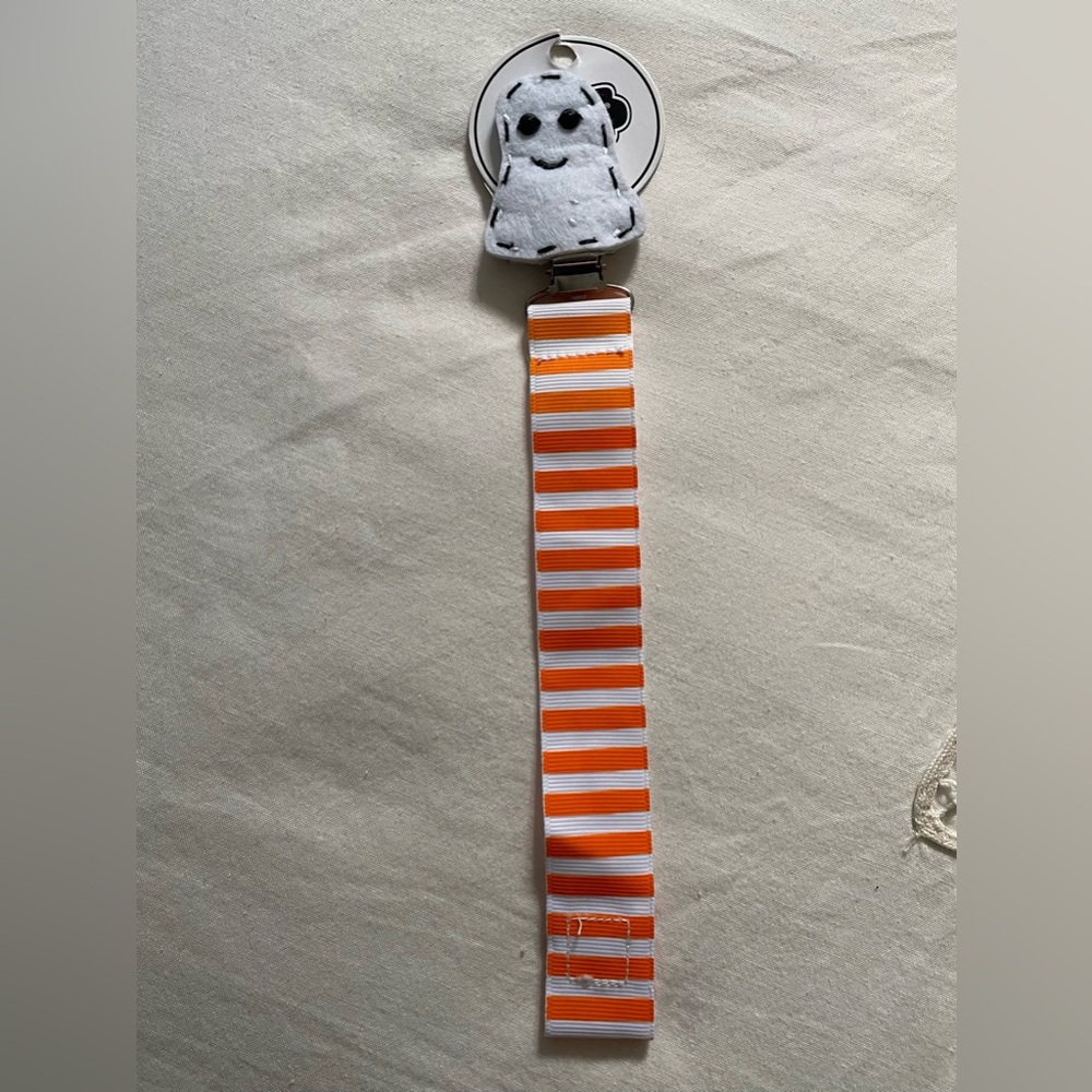 Orange and White Striped Ghost Baby Pacifier Clip